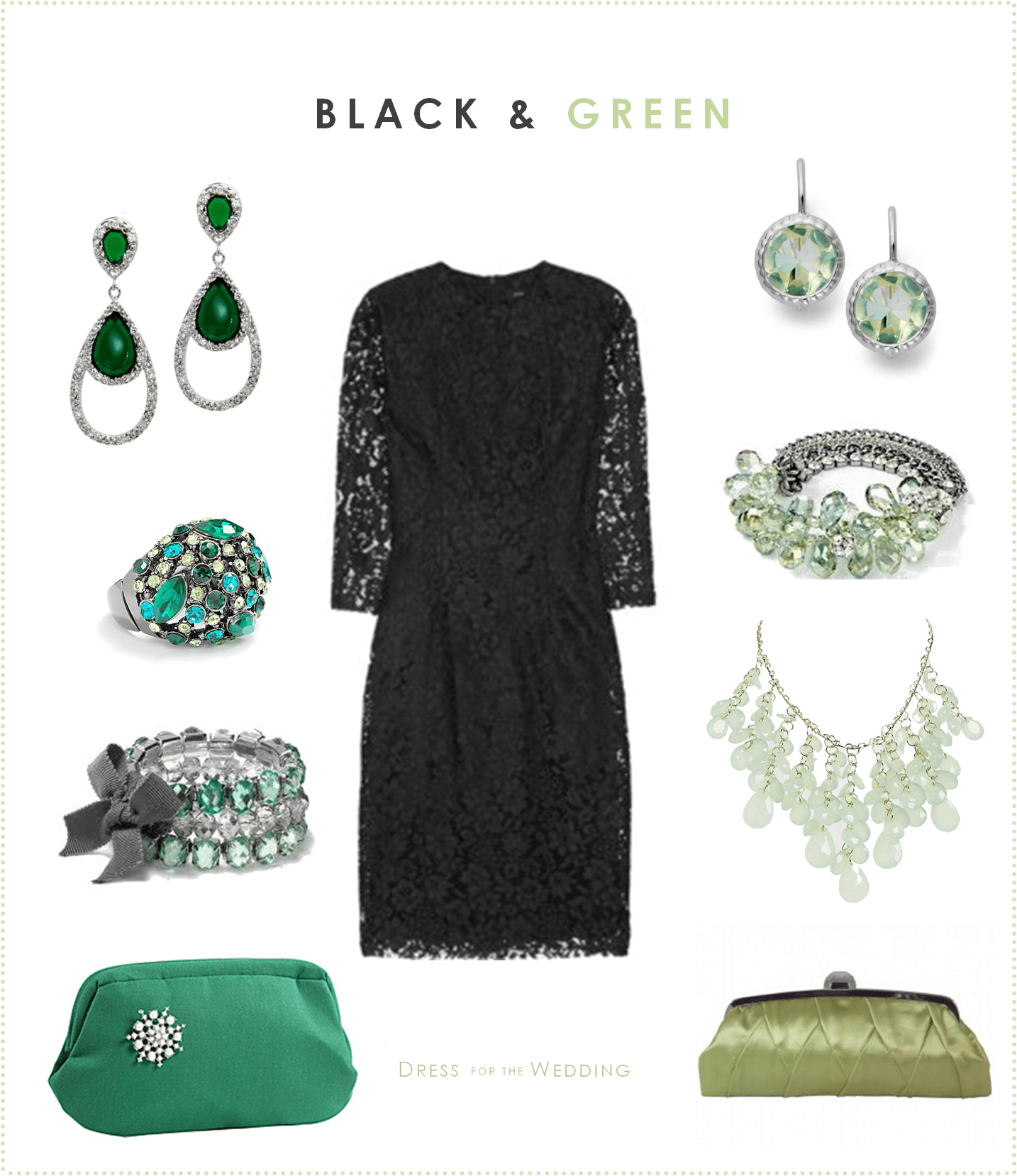Black Lace Dress with Green Accessories