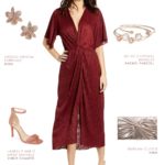 Burgundy wedding guest dress outfit for fall wedding