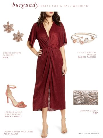 Burgundy wedding guest dress outfit for fall wedding