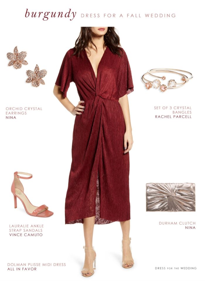 Burgundy wedding guest dress outfit for fall wedding