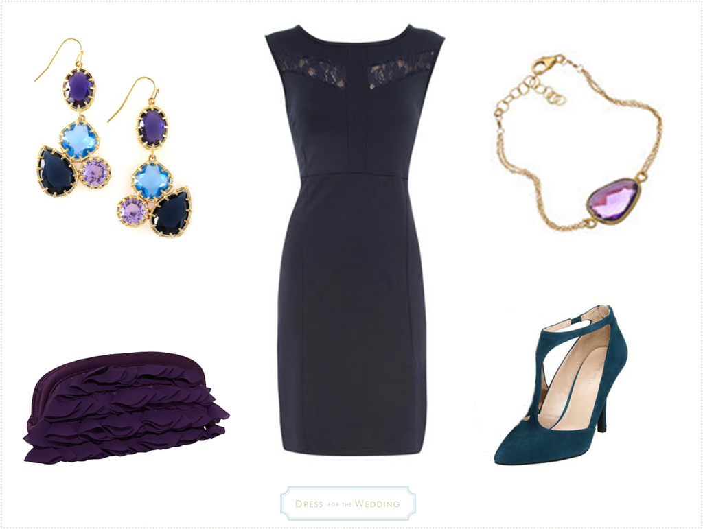 navy lace dress and purple accessories