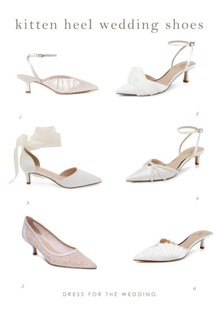 Collage of 6 pairs of white and ivory kitten heel shoes for brides