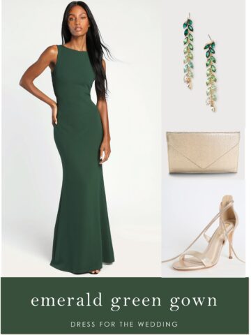 Collage of a emerald green gown with earrings, clutch and shoes.