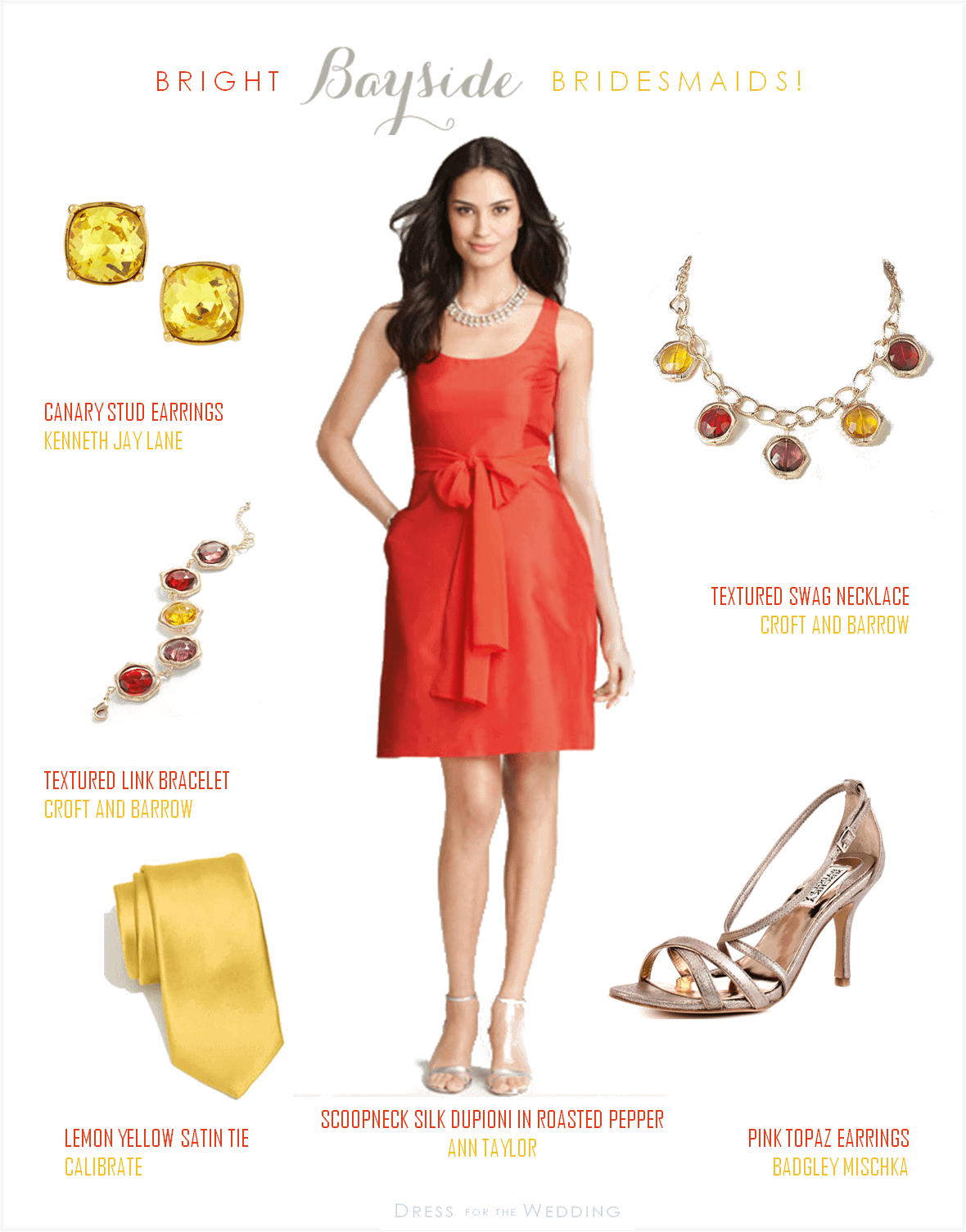 Red Bridesmaids Dress and Gold Accessories