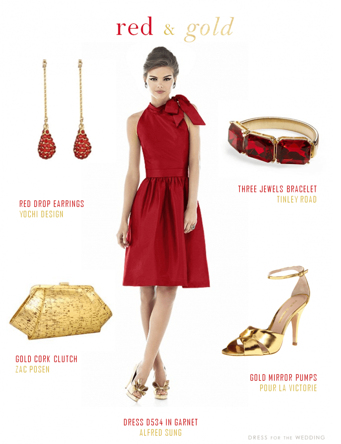 Red dress and Gold accessories