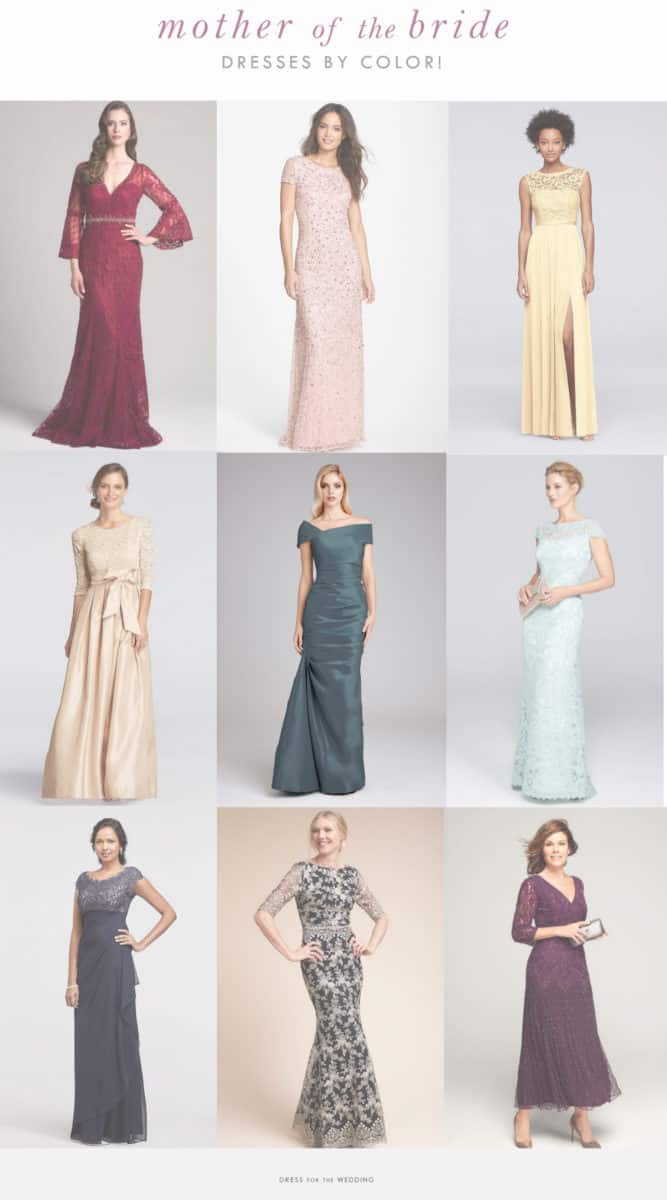 a collage of colorful mother of the bride dresses