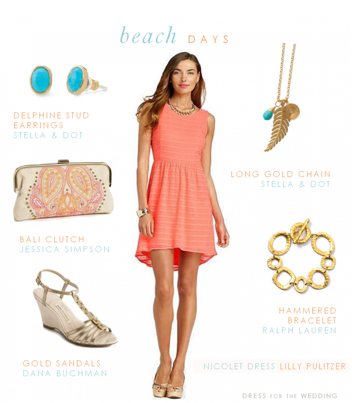 Coral dress with blue and gold accessories for a beach wedding guest