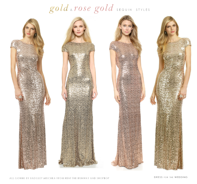 Short sleeve cowl back Badgley Mischka rose gold and gold sequin bridesmaids dresses