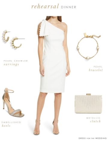 White dress, shoes, earrings, bracelet, and bag to illustrate what to wear to a wedding rehearsal as a bride.