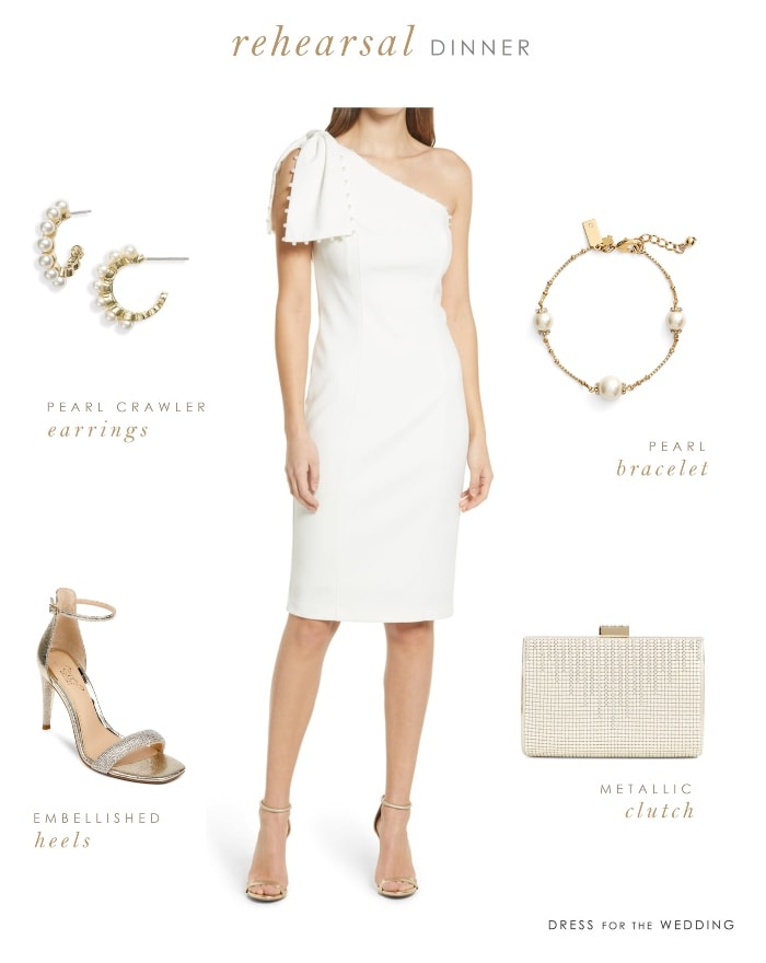 White dress, shoes, earrings, bracelet, and bag to illustrate what to wear to a wedding rehearsal as a bride.