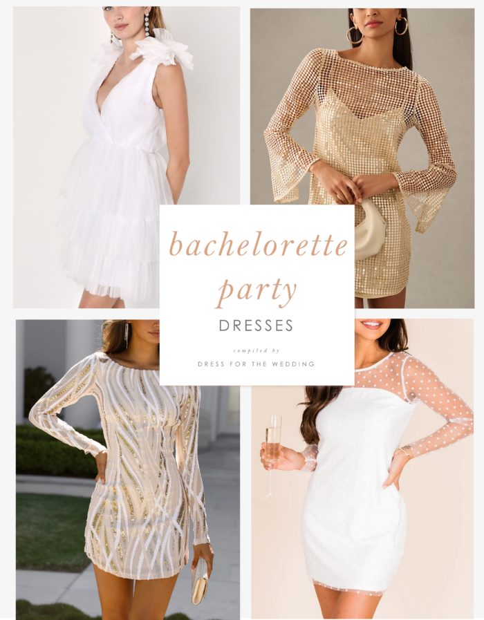 collage of 4 pictures of dresses for bachelorette parties shown on various models
