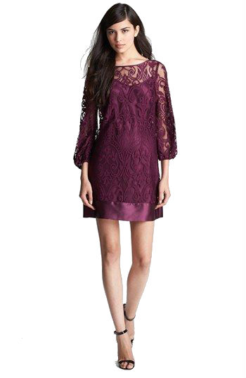 burgundy lace shift dress with long sleeves