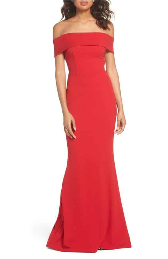 off the shoulder red evening gown