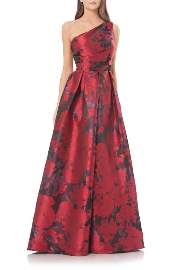 one shoulder red print ball gown