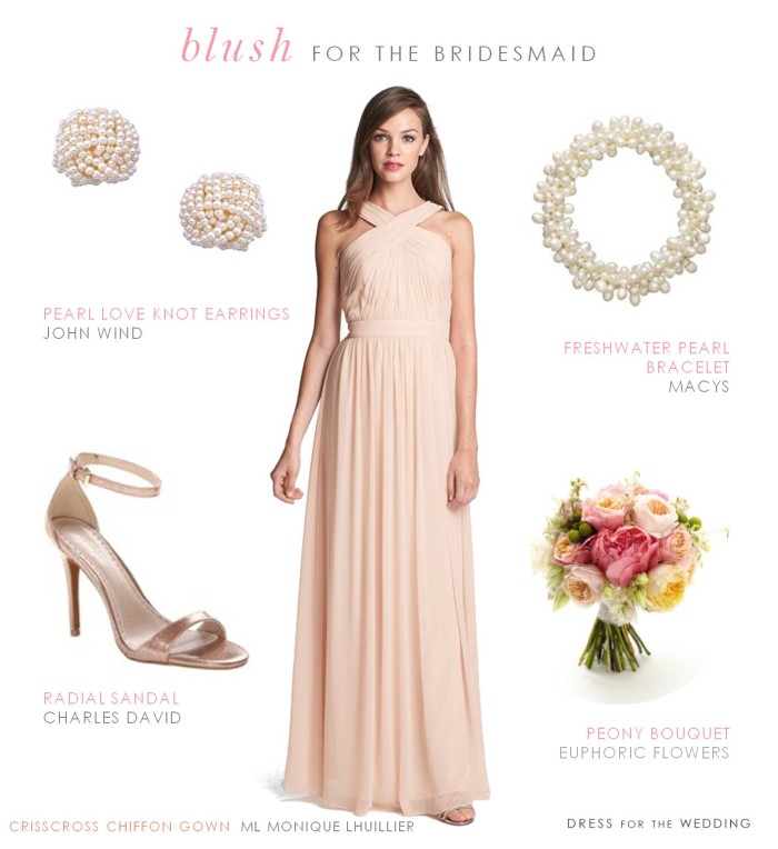 Blush floor length bridesmaid gown by Monique Lhuillier like those worn on The Bachelor wedding