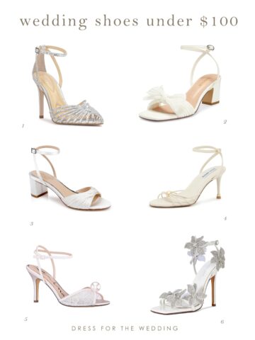 Cover image collage showing 6 pairs of of wedding shoes for brides that are under $100