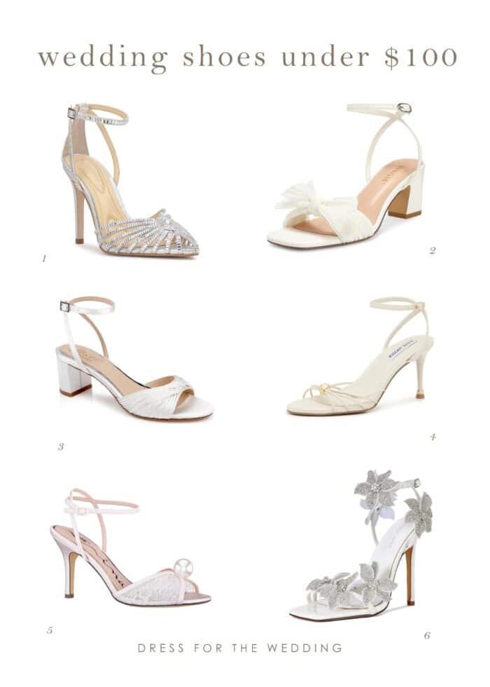 Cover image collage showing 6 pairs of of wedding shoes for brides that are under $100