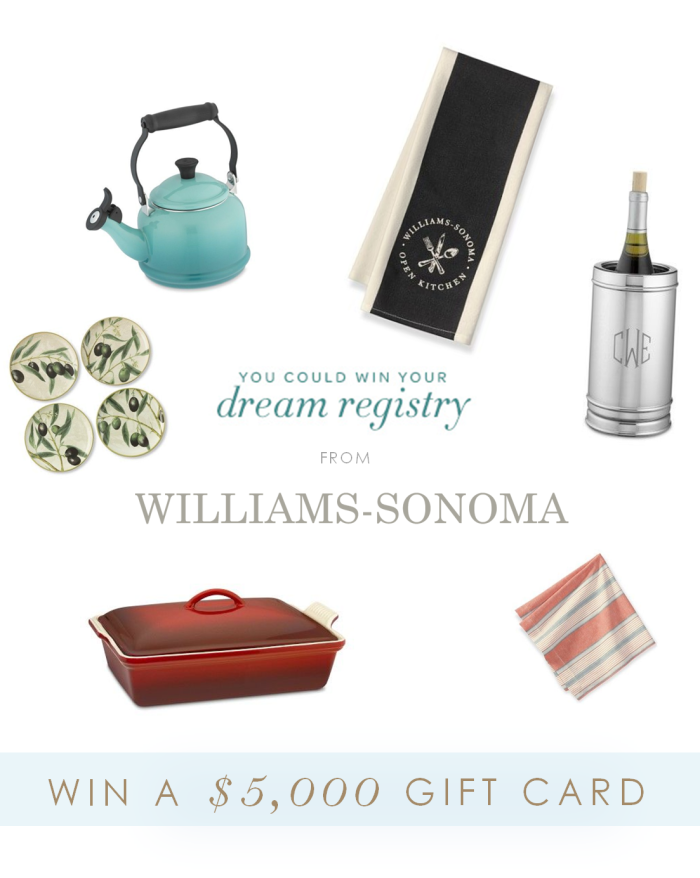 Enter to win a dream registry from Williams-Sonoma. The Prize is a $5,000 gift card!