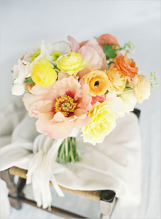 Peach and Yellow Bouquet via Wedding Chicks Designed by McKenzie Powell Photographed by Bryce Covey