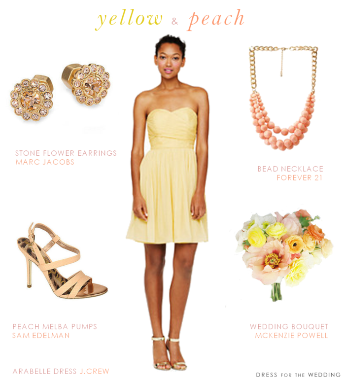 Yellow and Peach Wedding Style Yellow Strapless Bridesmaid Dress with Peach Accessories