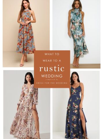 2 over 2 images of models in floral dresses showing examples of rustic wedding guest dresses.