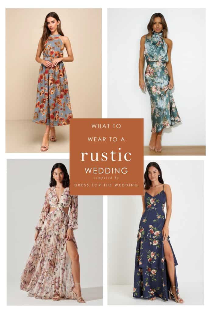 2 over 2 images of models in floral dresses showing examples of rustic wedding guest dresses.