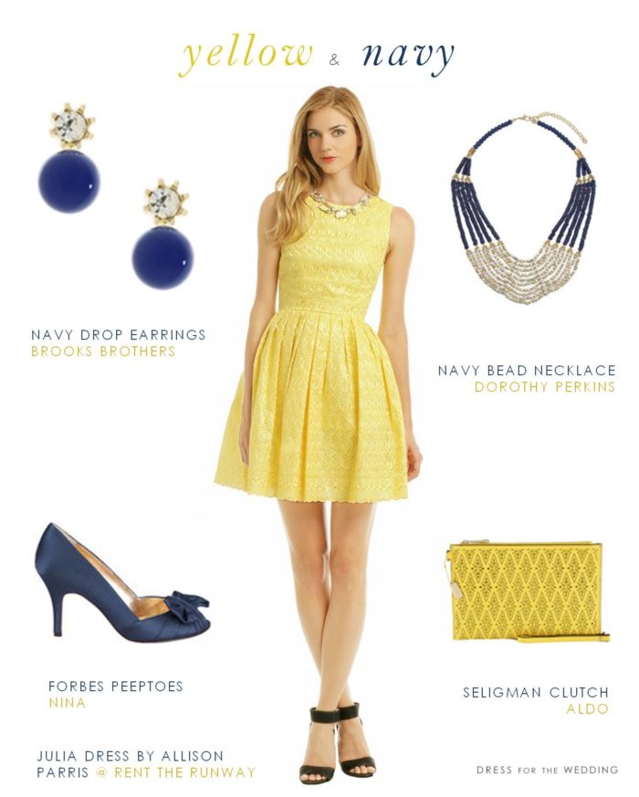 yellow dress with navy accessories