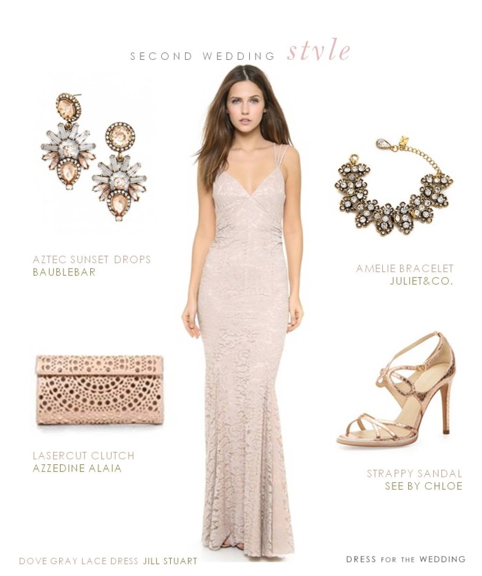 Dove gray lace dress with rose gold accessories for a second wedding