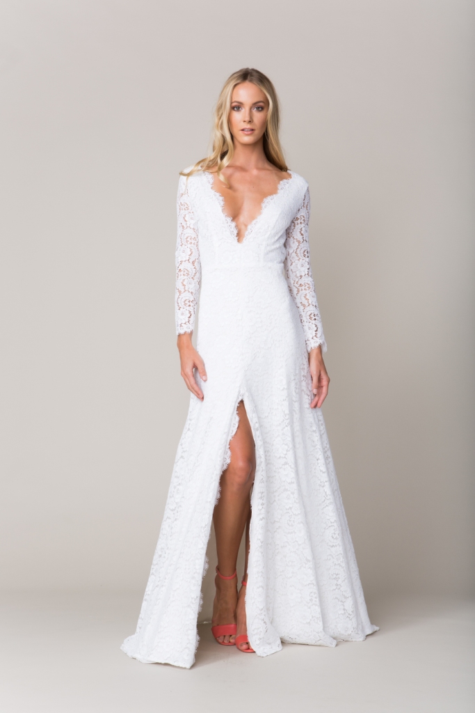 Lace wedding dress with sleeves and deep v neckline| 'Versailles' by Sarah Seven