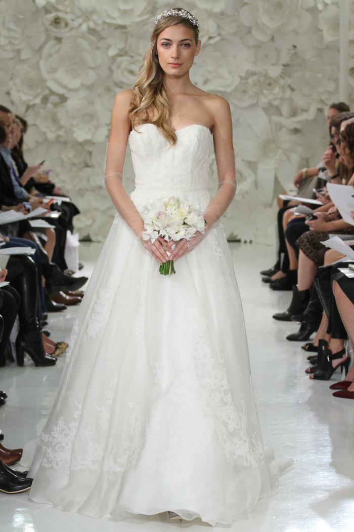 Asher wedding dress style 7000B Ivory, full a-line, embroidery on Silk Organza on bodice, sweep train.