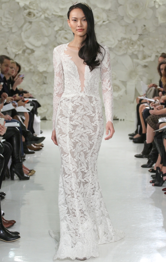 Watters wedding dresses Aziza style 7054B Nude/Ivory/Bronze, long sleeve, fit & flare, plunging neckline, sweep train.