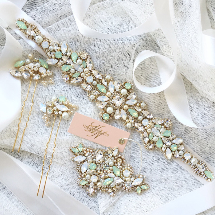 Mint and crystal bridal belt | Created by Helena Noelle Couture on Etsy