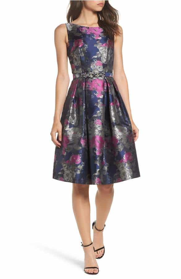 Navy Blue and Pink Brocade Dress