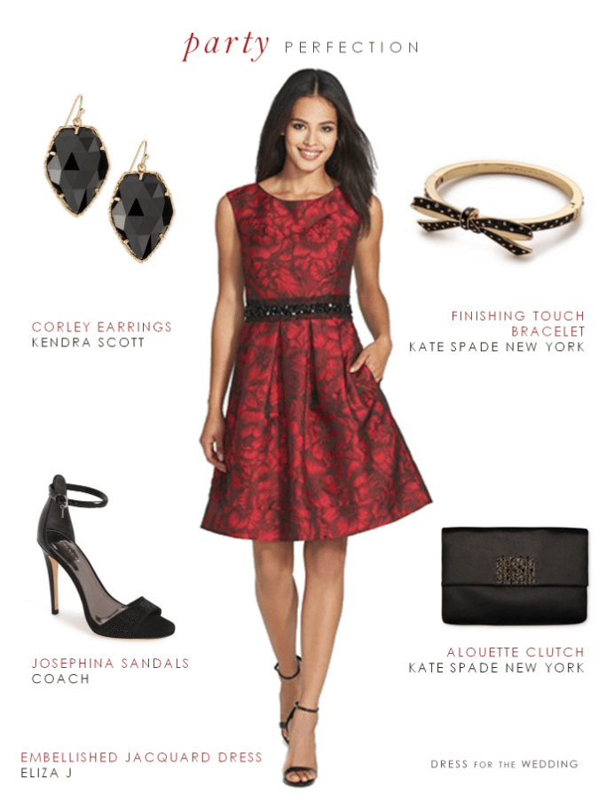 formal black dress with red accessories