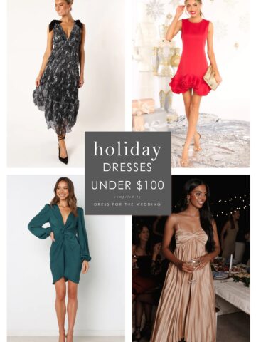 Collage of 4 holiday dresses under $100 shown on models