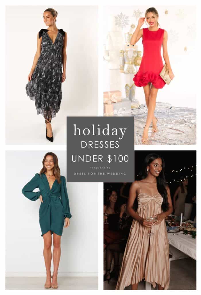 Collage of 4 holiday dresses under $100 shown on models 
