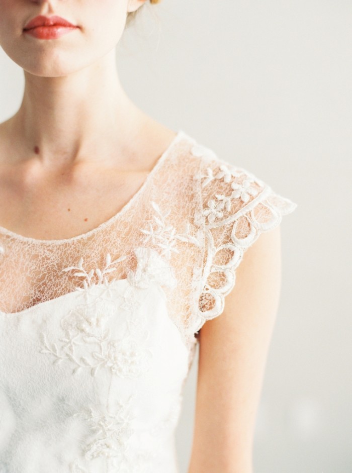 Lace detail on cap sleeve handmade wedding gown