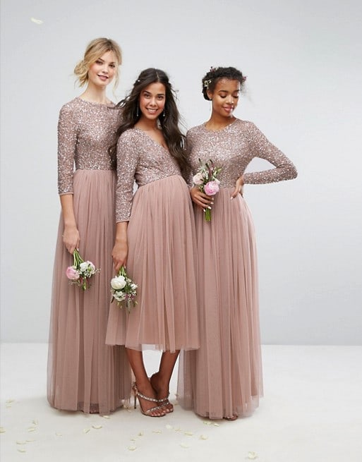 Long sleeve sequin and tulle bridesmaid dresses in extended sizes and maternity styles