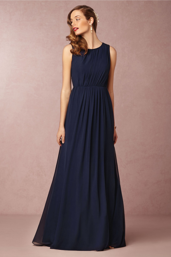 Eloise in navy blue bridesmaid dress from BHLDN