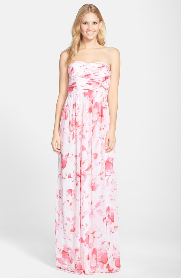 Pink and white floral bridesmaid dress