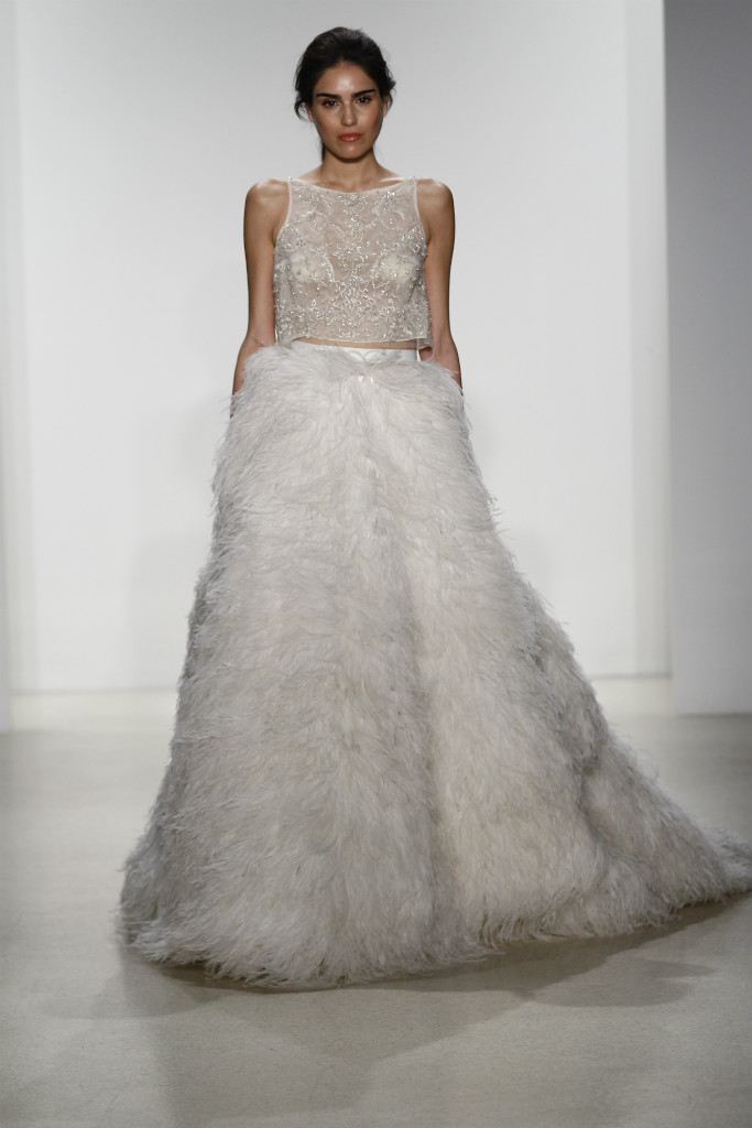 Feather skirt and crop top wedding dress by Kelly Faetanini