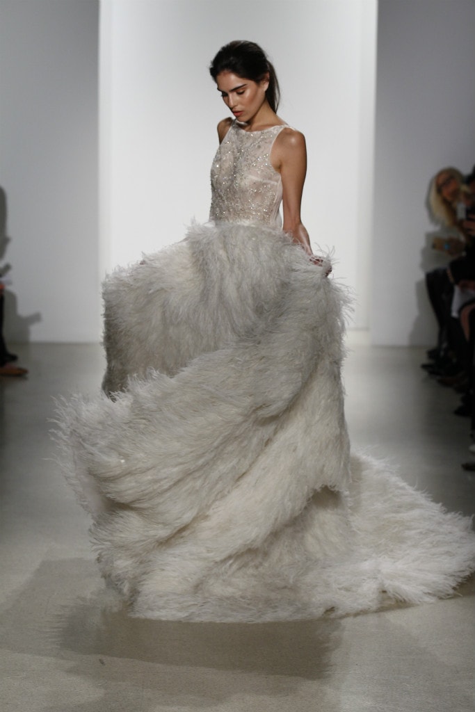 Kelly Faetanini Crop Top Feather Skirt Wedding Gown