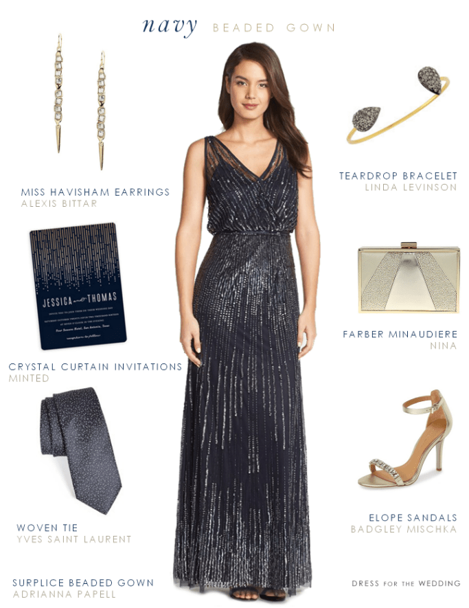 Navy blue beaded gown for a wedding with accessories