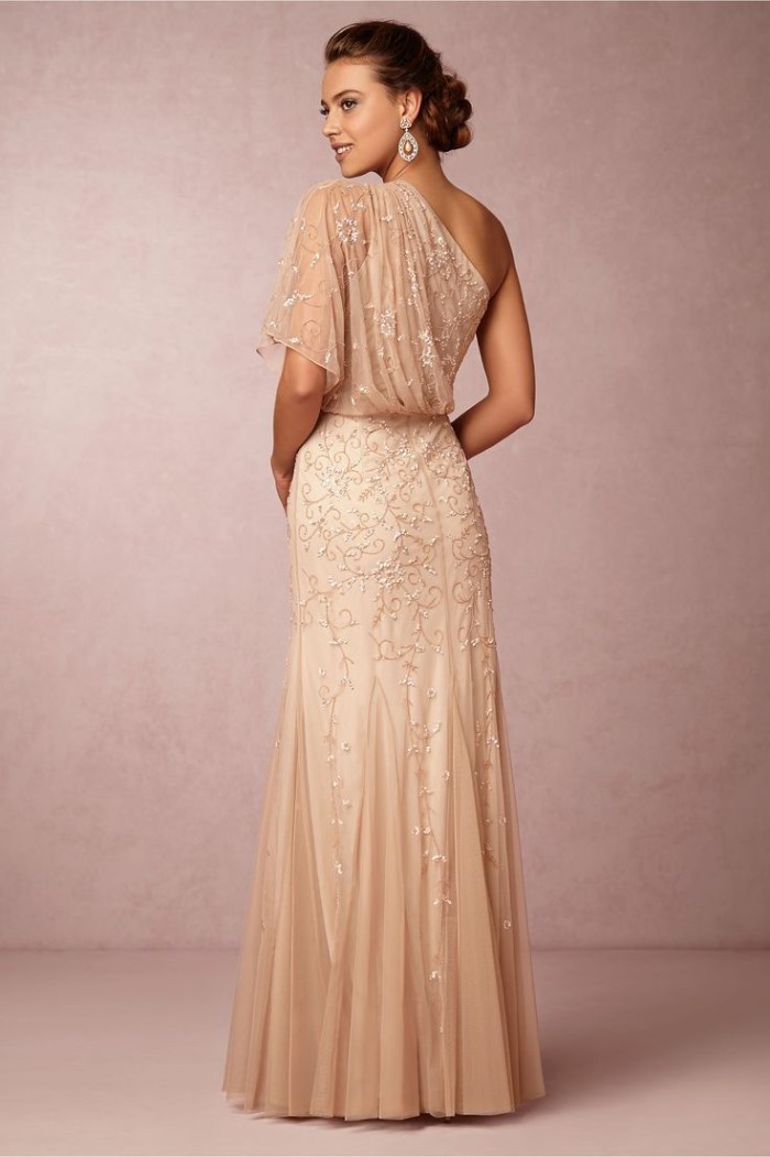 One shoulder beaded blush gown