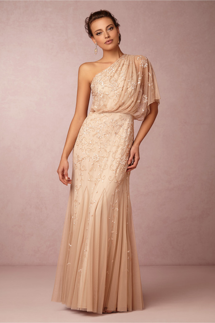 One shoulder beaded blush mother of the bride gown | 'Raquel' Dress at BHLDN