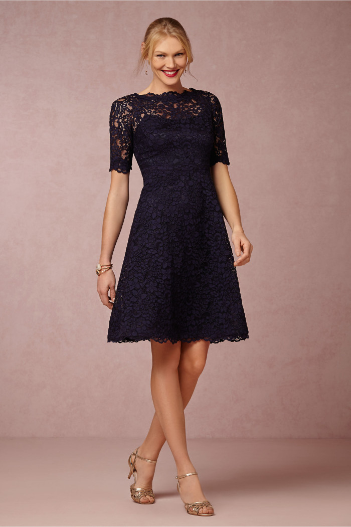 Short navy blue lace mother of the bride dress with sleeves Evelyn BHLDN