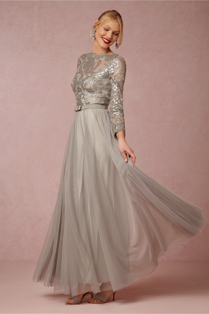 Silver beaded lace gown for MOB with sleeves