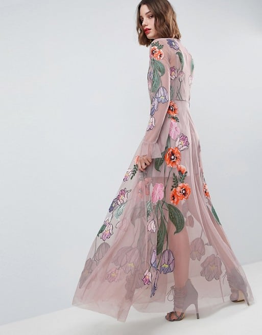 long sleeve embriodered floral mauve maxi dress