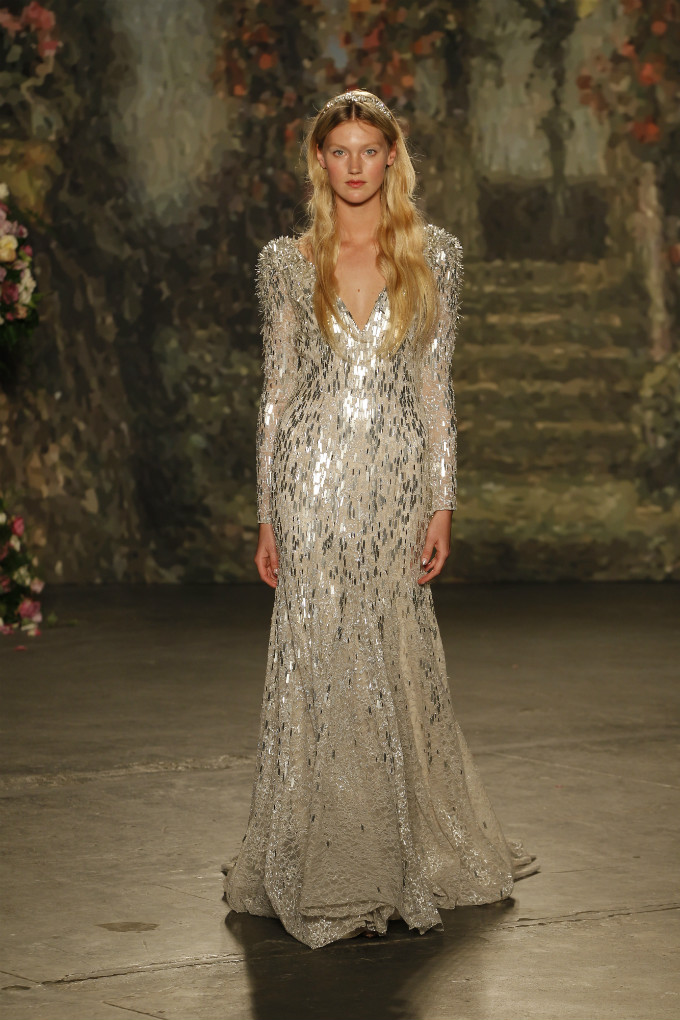 Long sleeve silver sequin bridal gown by Jenny Packham