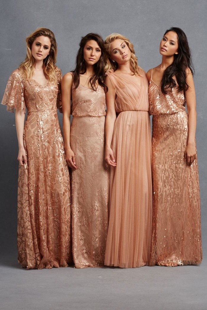 Rose gold lace and sequin bridesmaid dresses from Donna Morgan